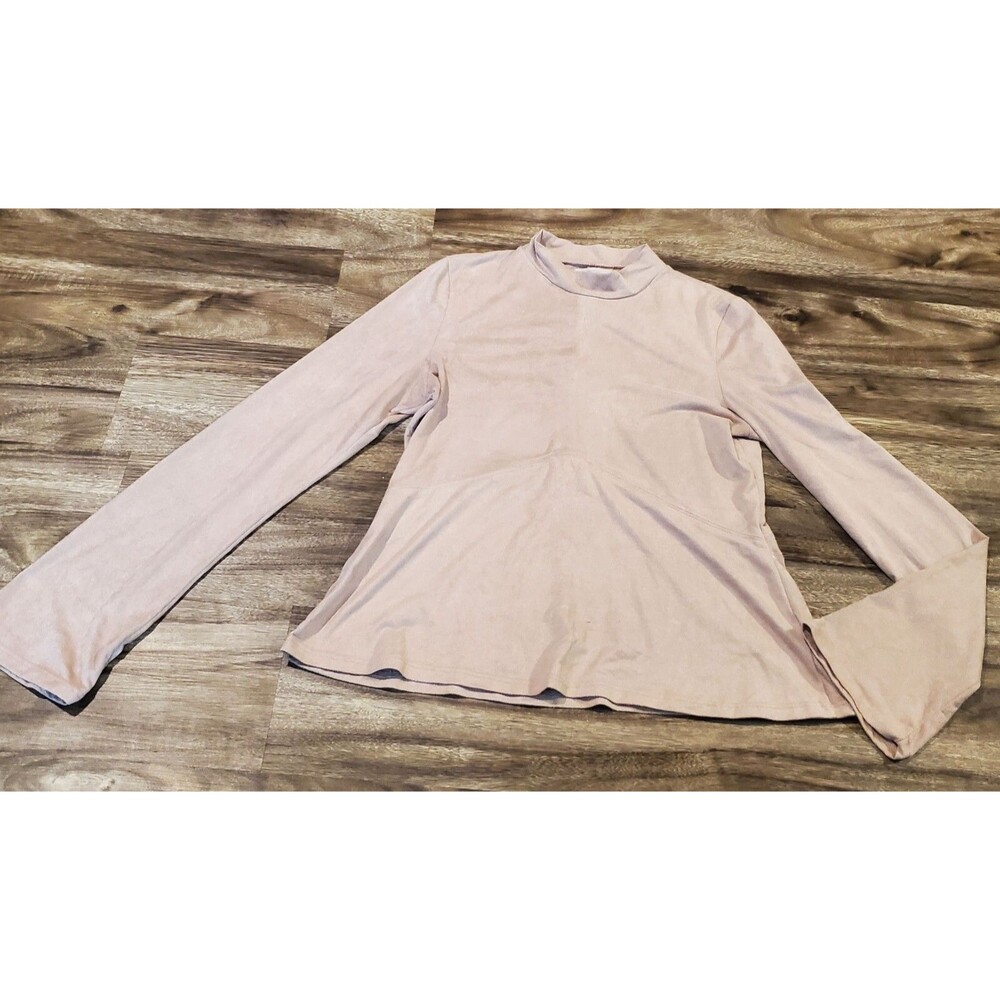 Bluesteel Womens Small Long Sleeve Lightweight Suede Top Shirt Mock Neck Tan